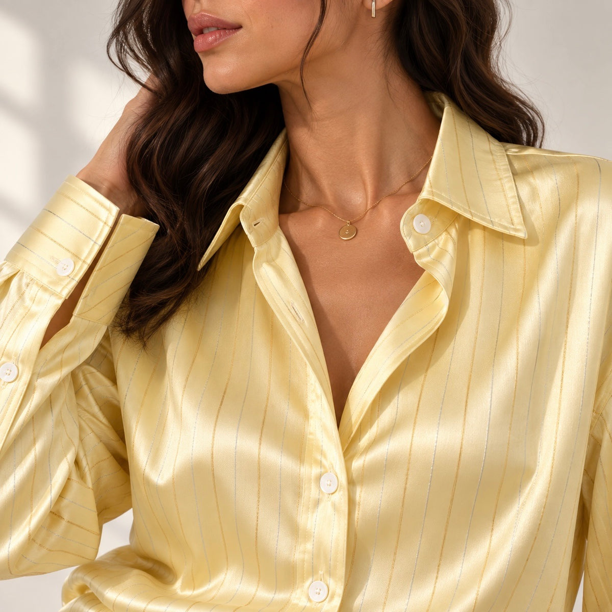 Gold Sparkle Stripe Satin Blouse – Women’s Silky Button Down Shirt