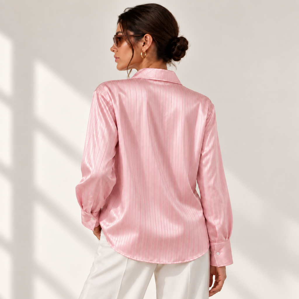 Pink Sparkle Strip- Women’s Relaxed Button Down Blouse– Satin Skirt