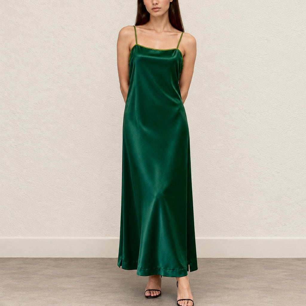 Contrast Trim Satin Maxi Nightgown – Relaxed Fit Sleep Dress, Holiday Gift for Her - TAYTHI Dress