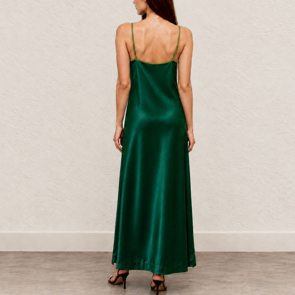 Contrast Trim Satin Maxi Nightgown – Relaxed Fit Sleep Dress, Holiday Gift for Her - TAYTHI Dress