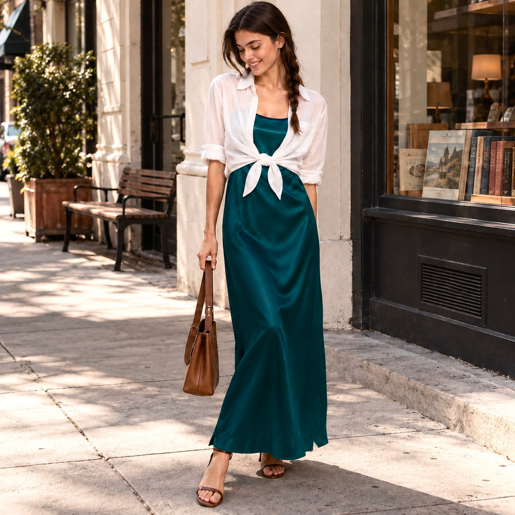 Contrast Trim Satin Maxi Nightgown – Relaxed Fit Sleep Dress, Holiday Gift for Her - TAYTHI Dress