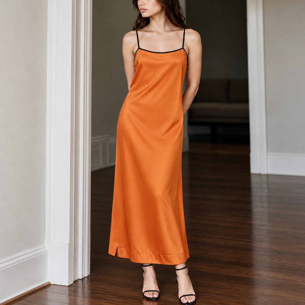 Contrast Trim Satin Maxi Nightgown – Relaxed Fit Sleep Dress, Holiday Gift for Her - TAYTHI Dress