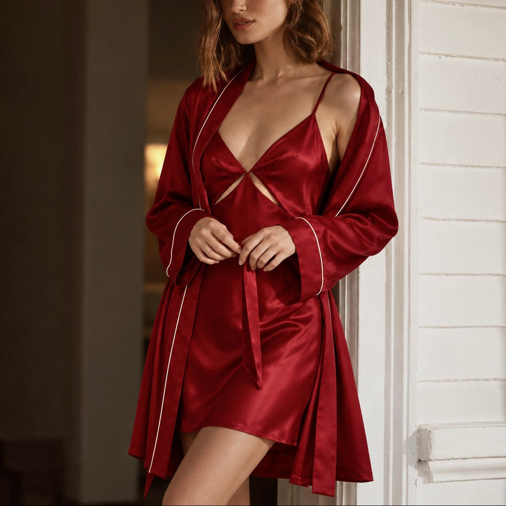 Satin Nightgown & Robe Set – Deep V Cutout Mini Sleep Dress - TINY CAILA SET