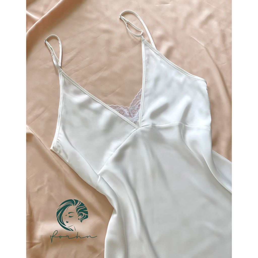 Backless Satin Slip Dress, Lace Trim Cami Nightgown, Summer Nightdress, Rosie Dress