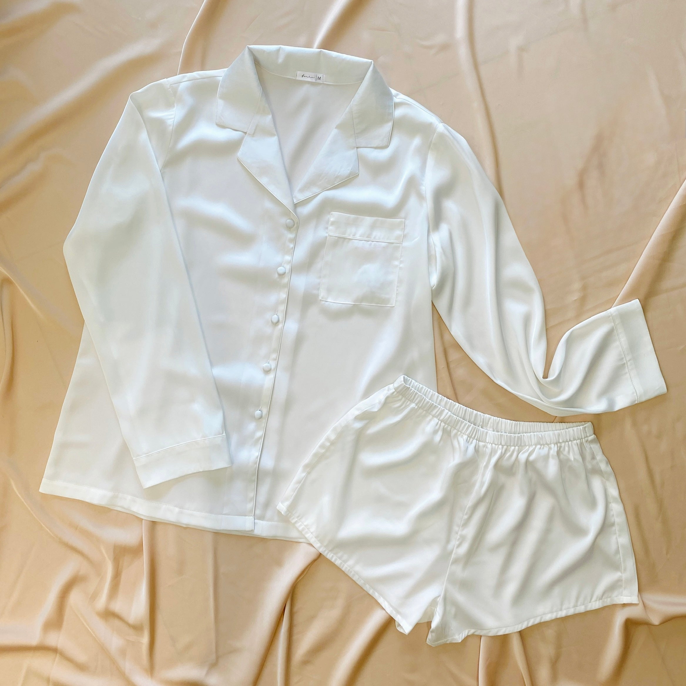 White Satin Pajamas Set Bridal Long Sleeve Top And Shorts PJ