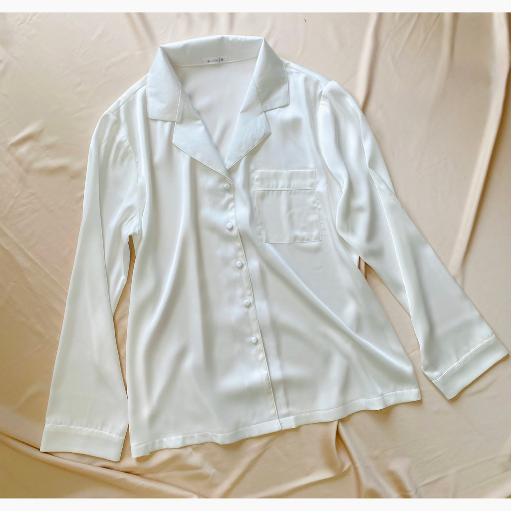 White Satin Pajamas Set Bridal Long Sleeve Top And Shorts PJ