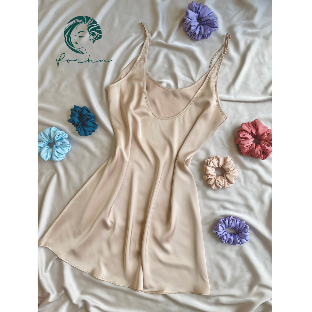 Phoebe Backless Satin Nightgown | Satin Sleep Dress | Minimal Round Neck Dress