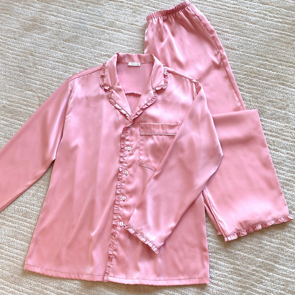 Feminine Ruffle Satin Pajama Set – Long Sleeve Button Down Sleepwear