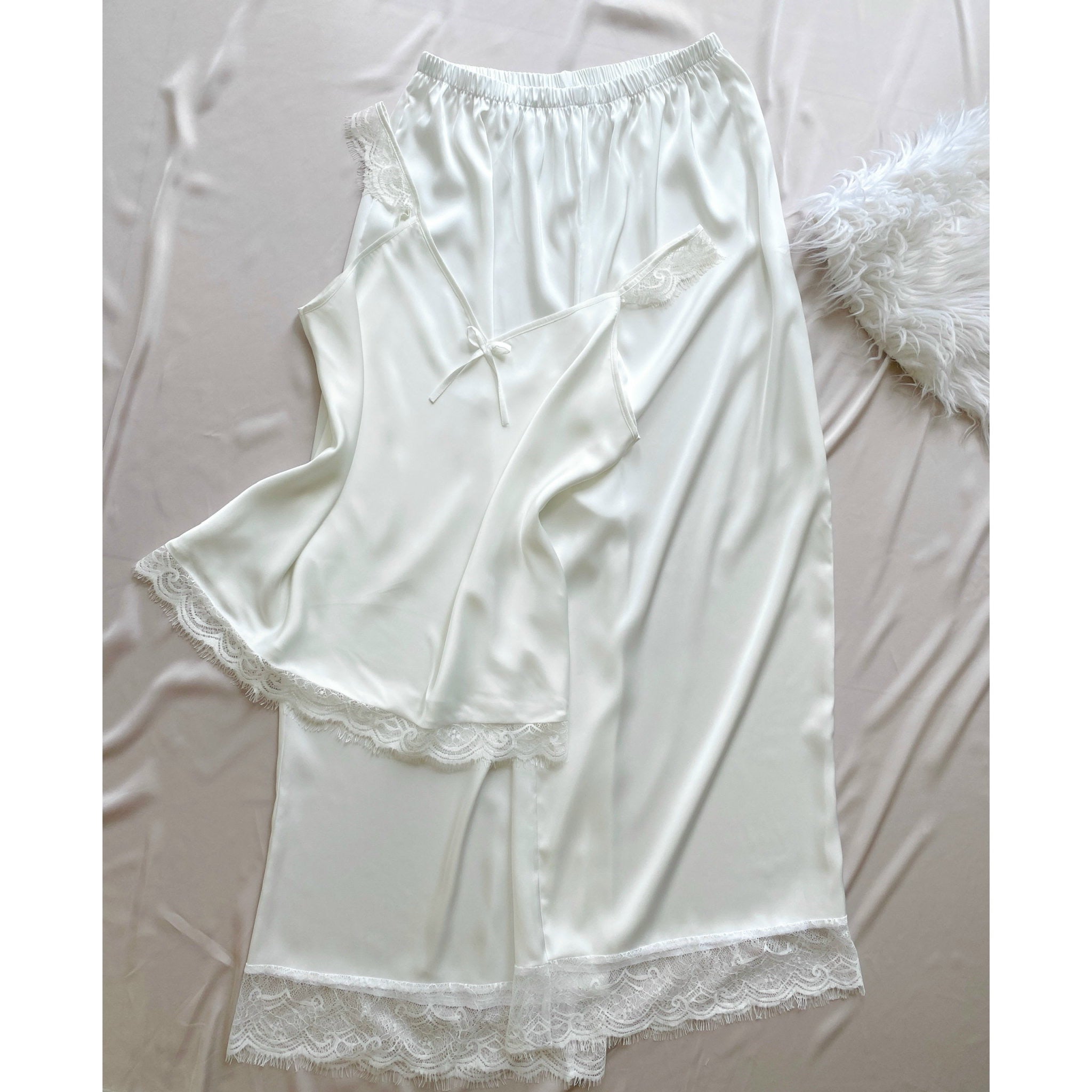 Eira LSet Satin Lace Cami and Long Pants Pajama Set | Silky Sleepwear | Bridal Loungewear | Bridesmaid Gift