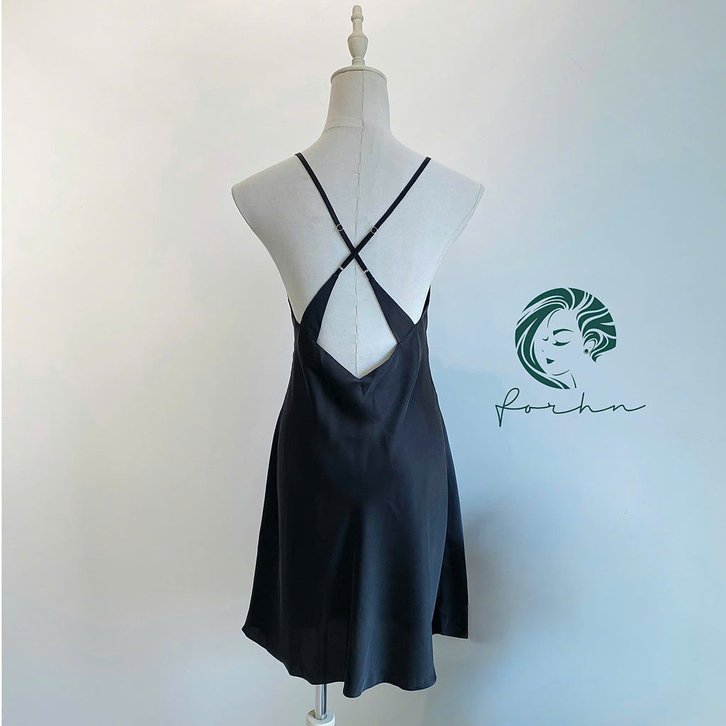 Black Satin Cut Out Nightgown Backless Slip Dress Sexy Women's Sleepwear TINY